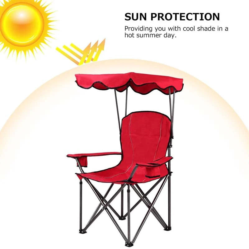 Outdoor Canopy Folding Beach Chair With 2 Cup Holders, 600D PVC Fabric - 38in x 26.5in x 51in