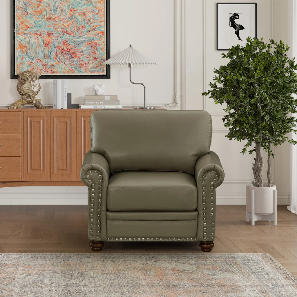 Single Seat Living Room Sofa Chair With Wood Legs, Grey Faux Leather