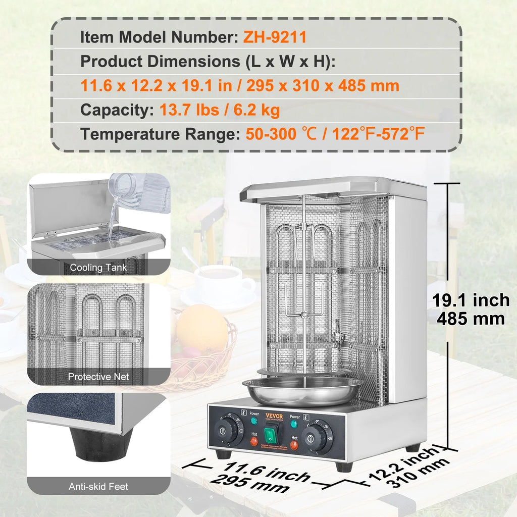KFFKFF Electric Shawarma Rotisserie Grill 1700W 2 Burners Stainless Steel - ZH-9211