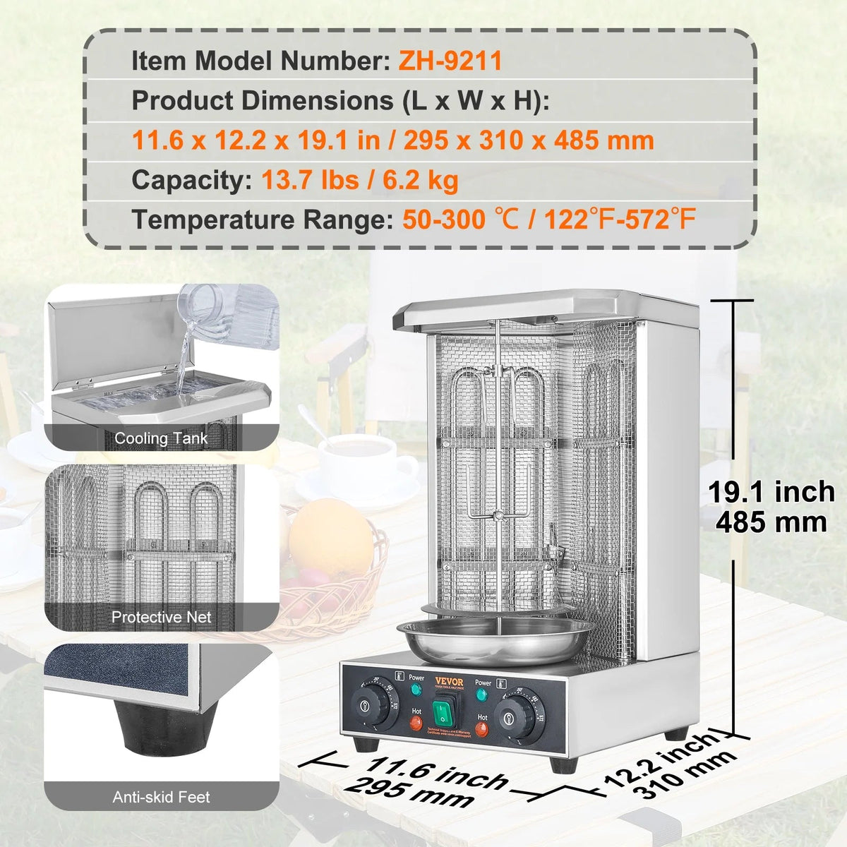 KFFKFF Electric Shawarma Rotisserie Grill 1700W 2 Burners Stainless Steel - ZH-9211