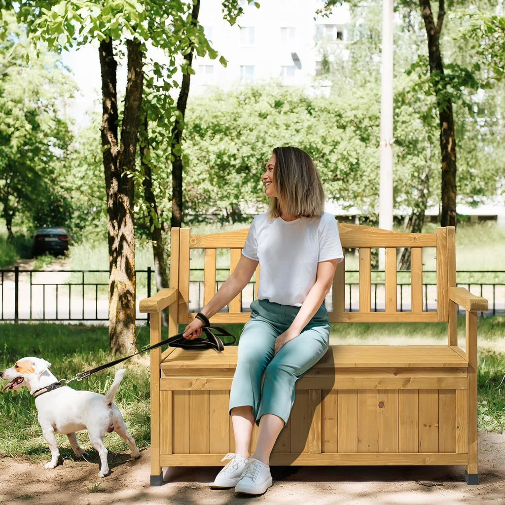 Outvita Outdoor Wood Storage Bench Loveseat With Armrests - 2 Person