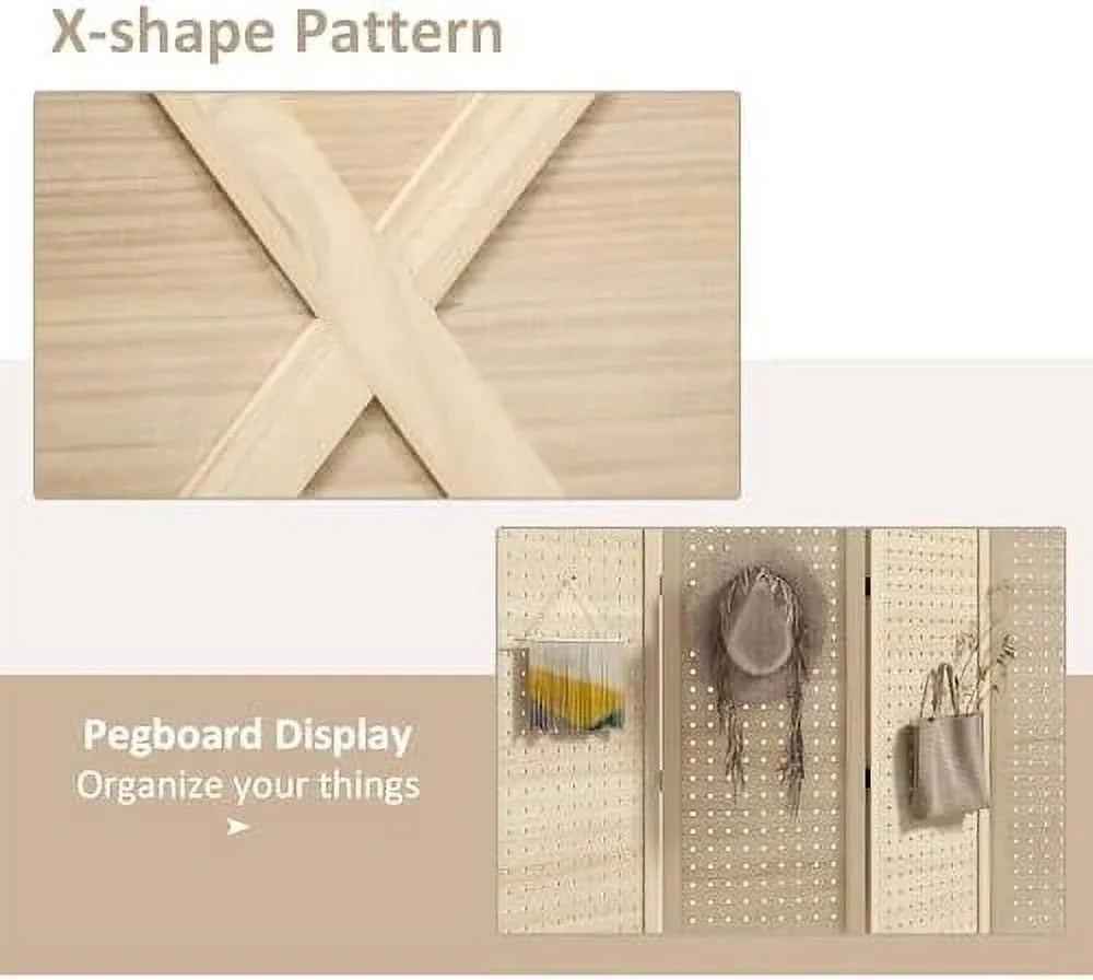 CHFBC 4-Panel Pegboard Room Divider 4.7' Tall Natural