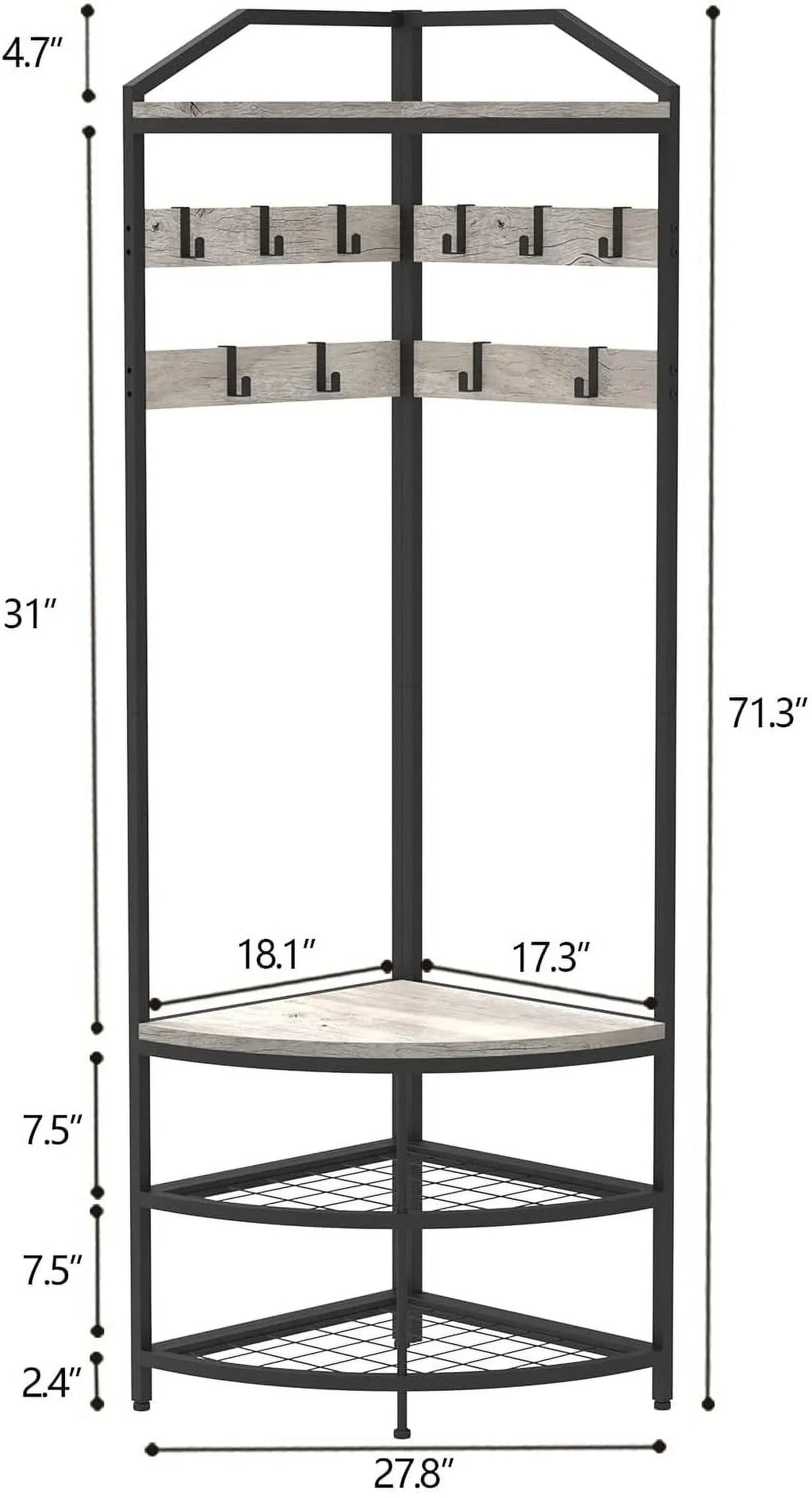 DONFU Corner Hall Tree With Shoe Bench, 10 Movable Metal Hooks, Greige