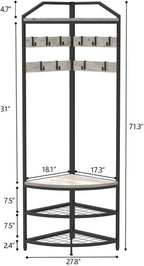 DONFU Corner Hall Tree With Shoe Bench, 10 Movable Metal Hooks, Greige