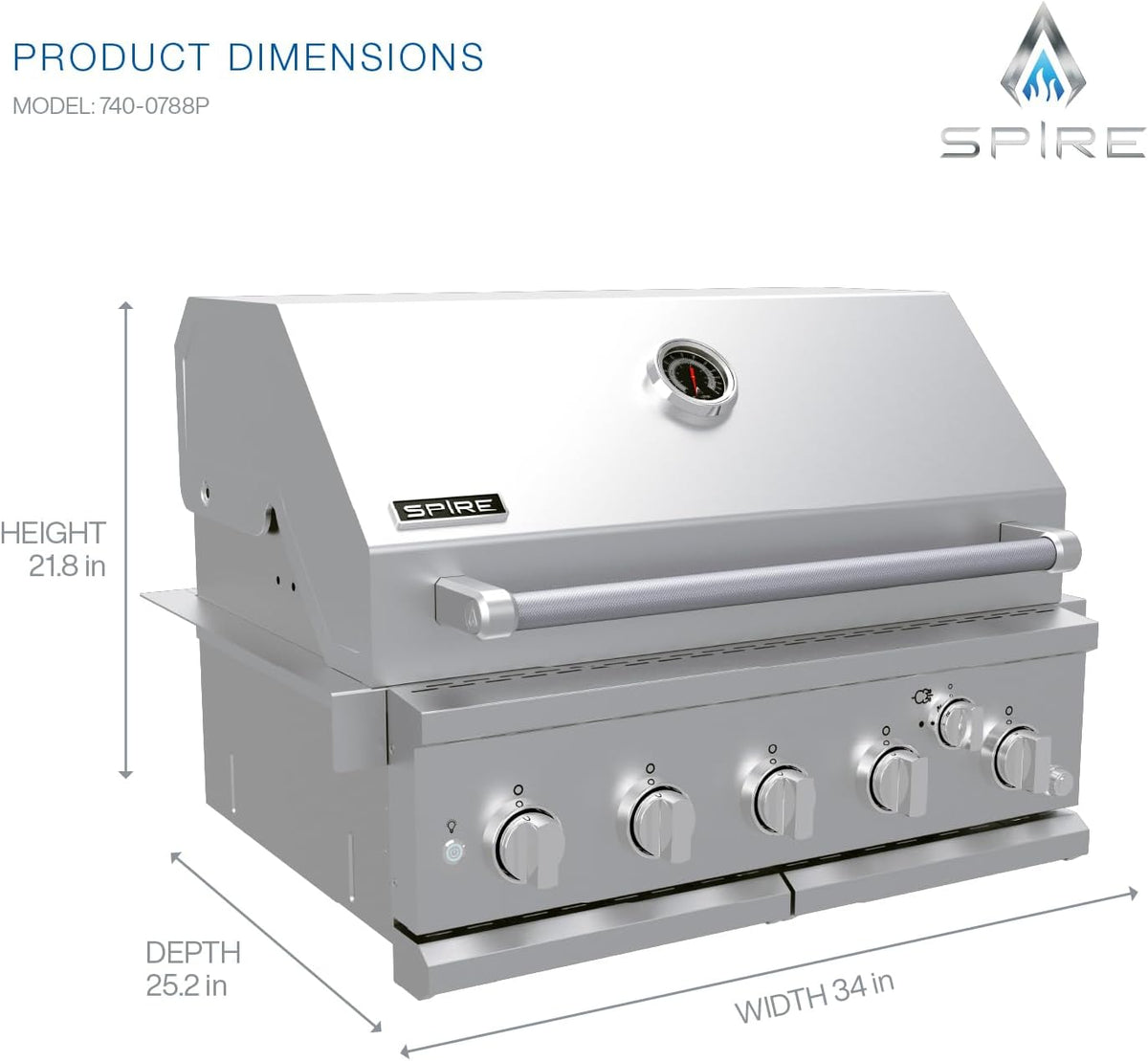 Spire 5 Burner Built-In Propane Gas Grill, Stainless Steel, 30 Inch, 750 SQ In, 63,000 BTUs - 740-0788P