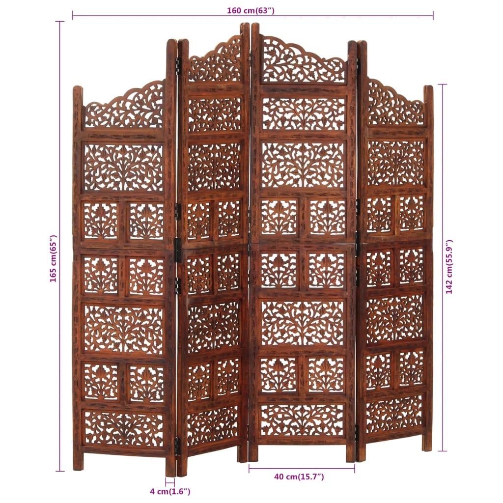 vidaXL 4-Panel Folding Privacy Screen, Solid Mango Wood, 63 x 65 in - Brown