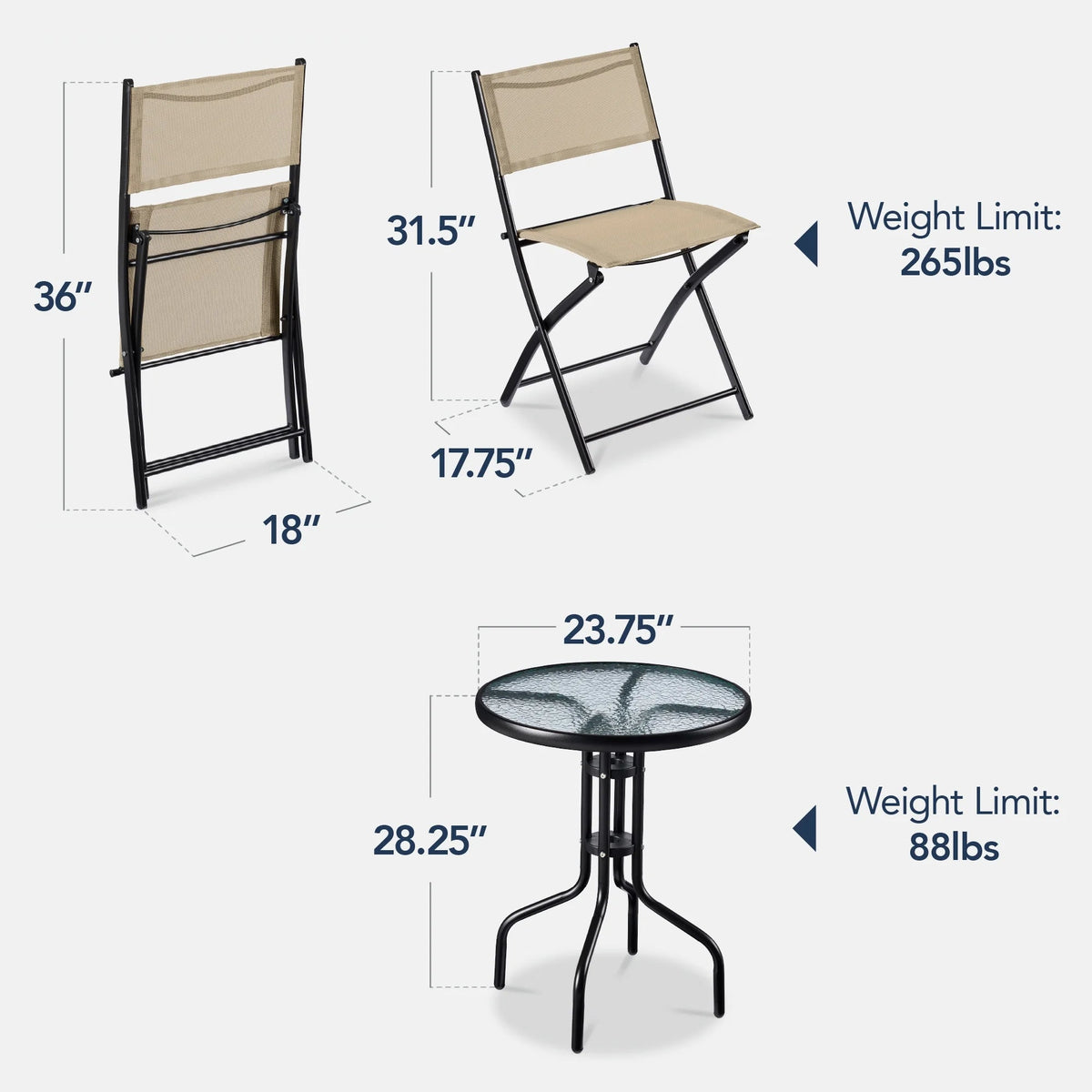 Best Choice Products 3-Piece Patio Bistro Dining Set With Glass Tabletop And Folding Chairs - Gray
