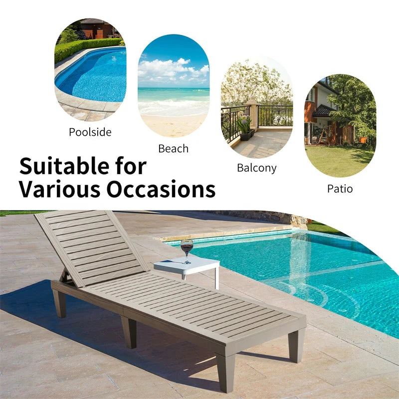 Outdoor Patio Chaise Lounge Chair Recliner - Adjustable 5 Positions, Wood Texture Design