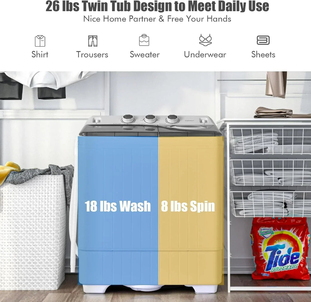 Costway Double Tub Washing Machine, 26 lb Capacity, 18 lb Wash, 8 lb Spin, Drain Pump