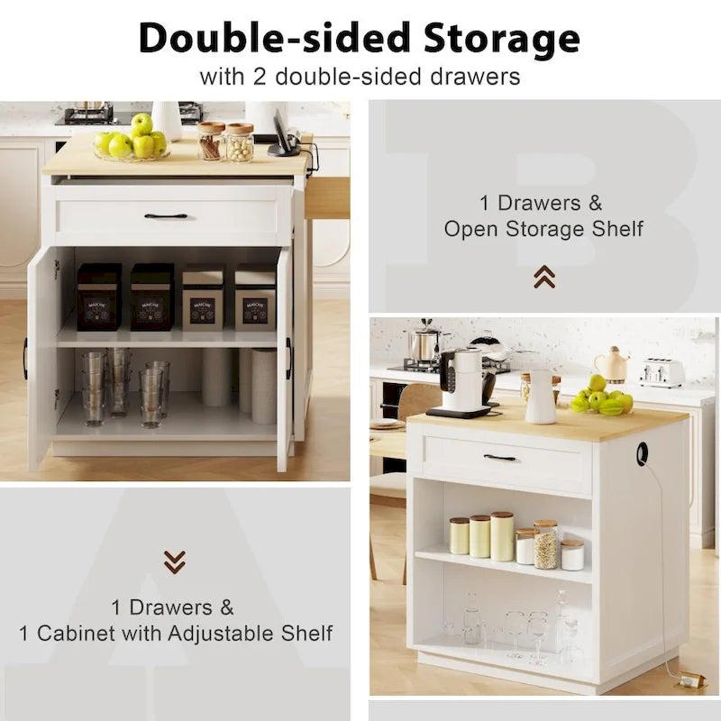 82.7 Wooden Kitchen Island With Extendable Dining Table And Double-Sized Storage