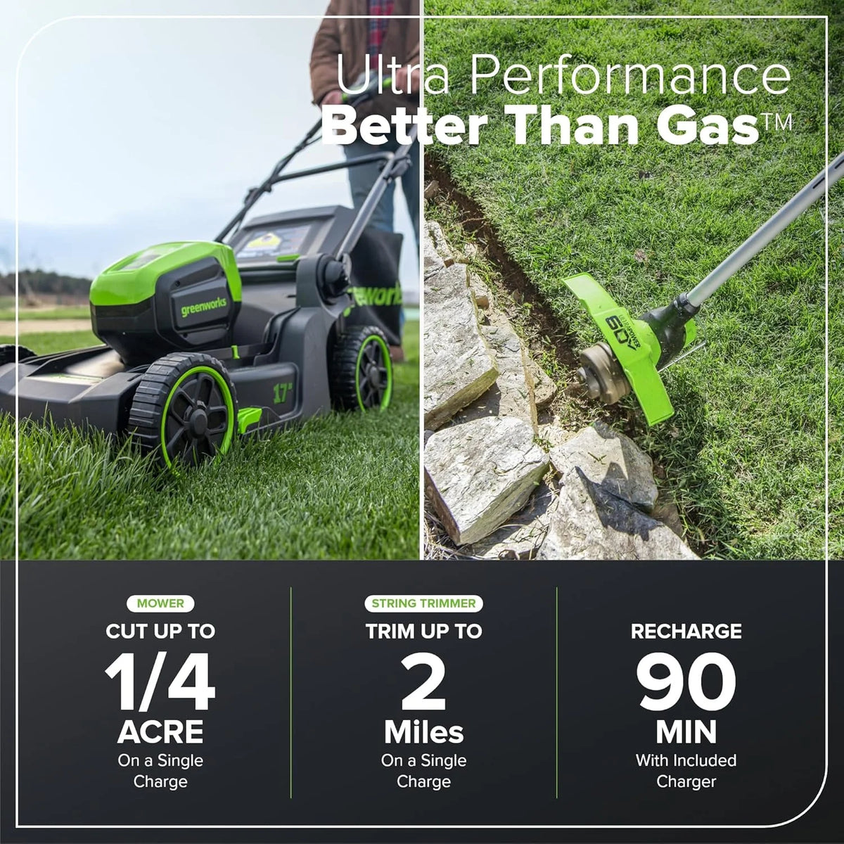 Greenworks 60V 17 inch Brushless Push Lawn Mower And 13 inch String Trimmer Combo With 4.0Ah Battery And 3A Charger