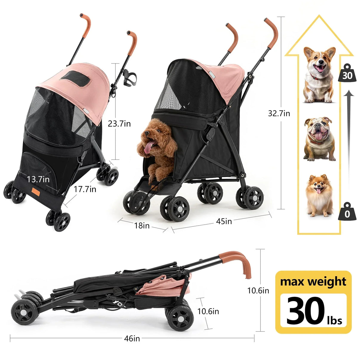 3 In 1 Folding Pet Stroller With Storage Basket And Cup Holder, Pink