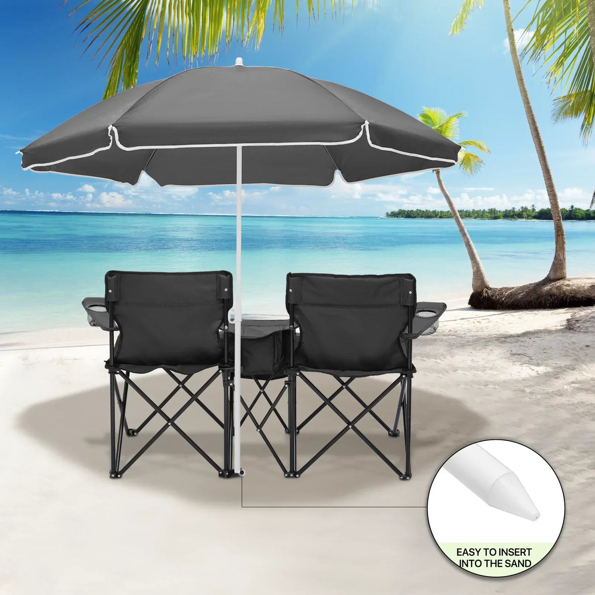 Magshion Portable Double Folding Camping Chair With Removable Umbrella, Cooler Bag And Carry Bag, Black