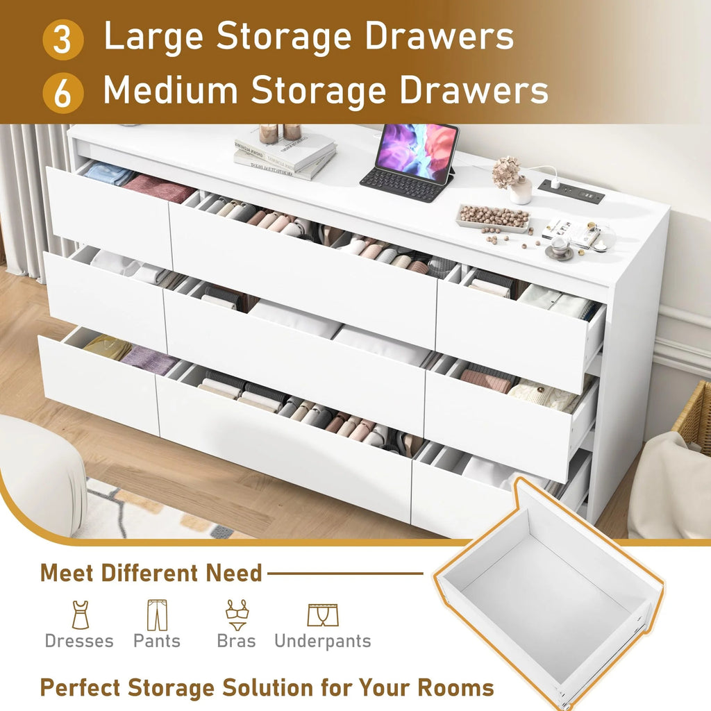 ChVans 9-Drawer Dresser With Charging Station, Black, 63in x 15.7in x 31.5in