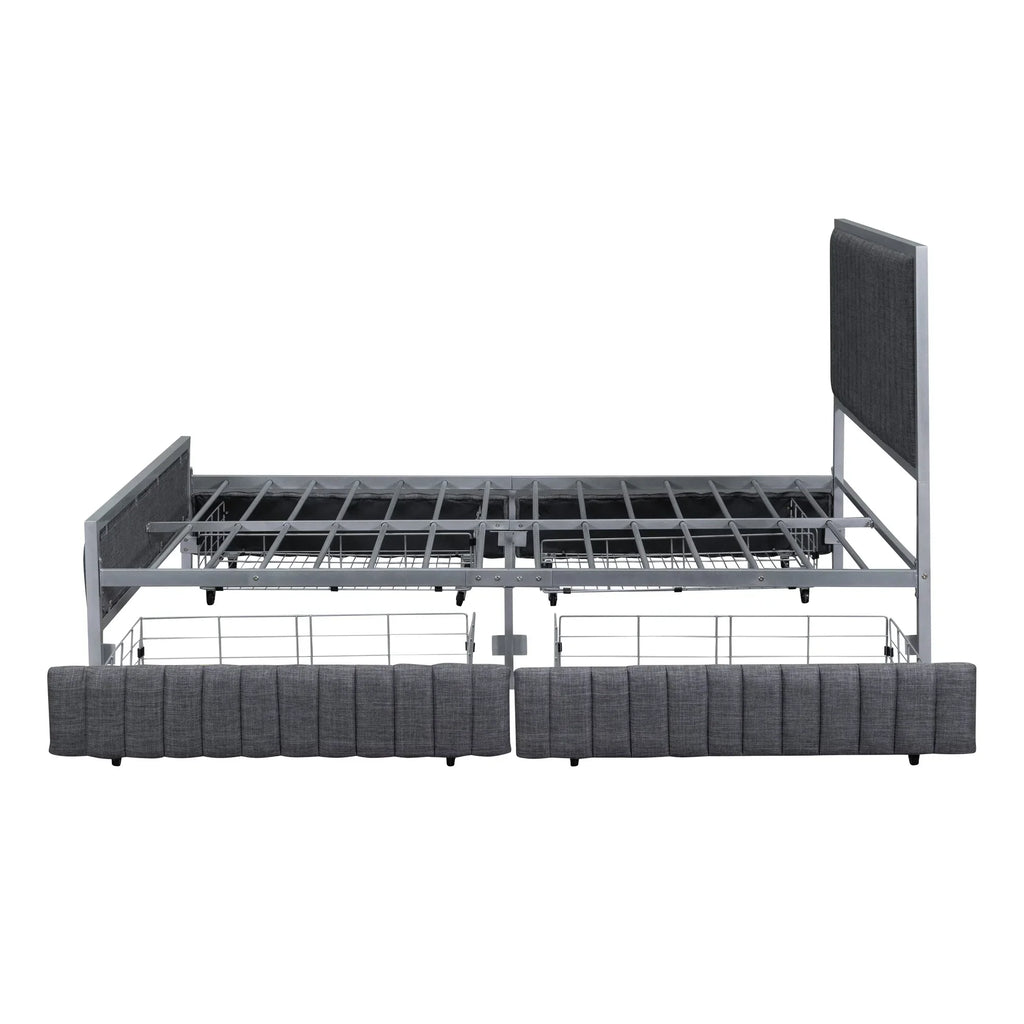 Roomfitters Full Size Upholstered Metal Platform Bed With 4 Drawers, Linen Fabric, Gray - 76.6in L x 55.7in W x 41.7in H