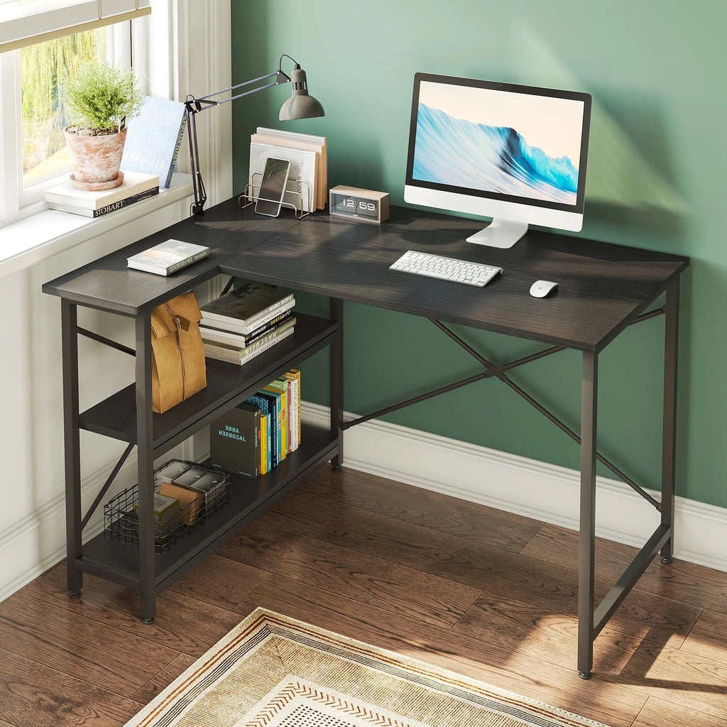Small L-Shaped Computer Desk With Reversible Storage Shelves - 55-Inch / 47-Inch