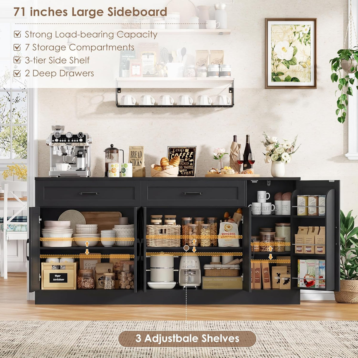 71 Inch Farmhouse Sideboard Buffet Cabinet With Adjustable Shelves And 2 Drawers - Black