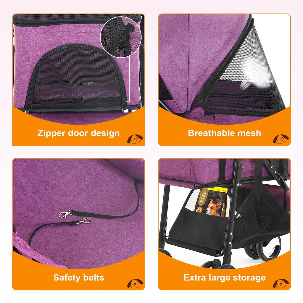 NiamVelo 3-in-1 Detachable Pet Stroller With 4 Wheels, Purple