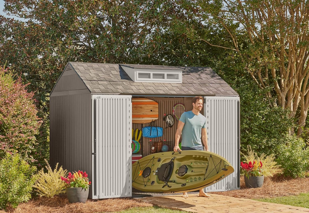 Rubbermaid Resin Outdoor Storage Shed With Floor, 7 x 7 Ft, Gray