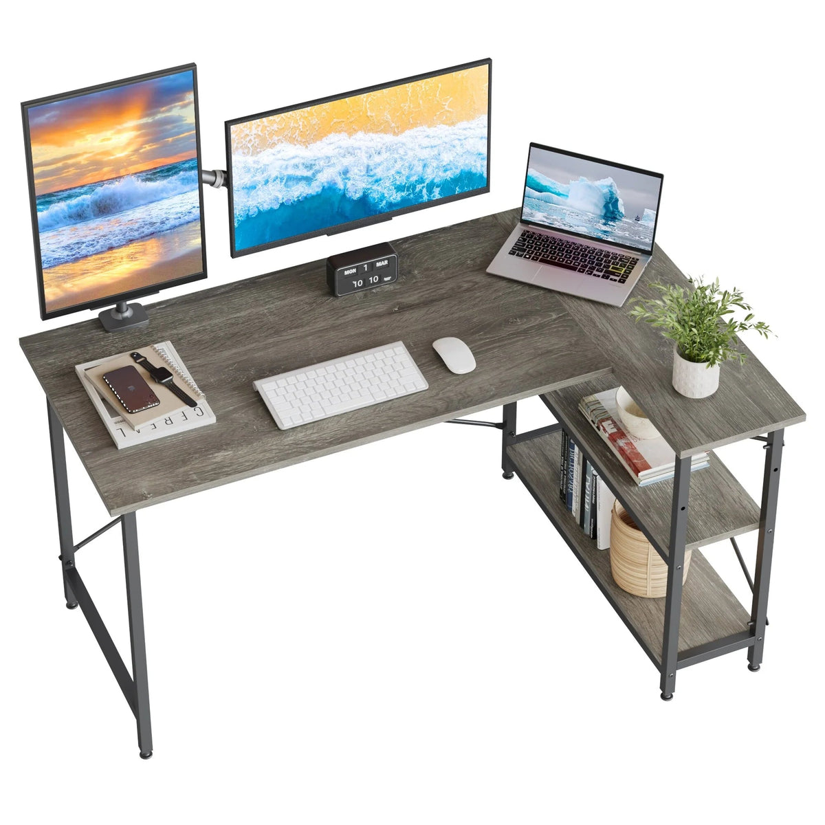 Small L-Shaped Computer Desk With Reversible Storage Shelves - 55-Inch / 47-Inch