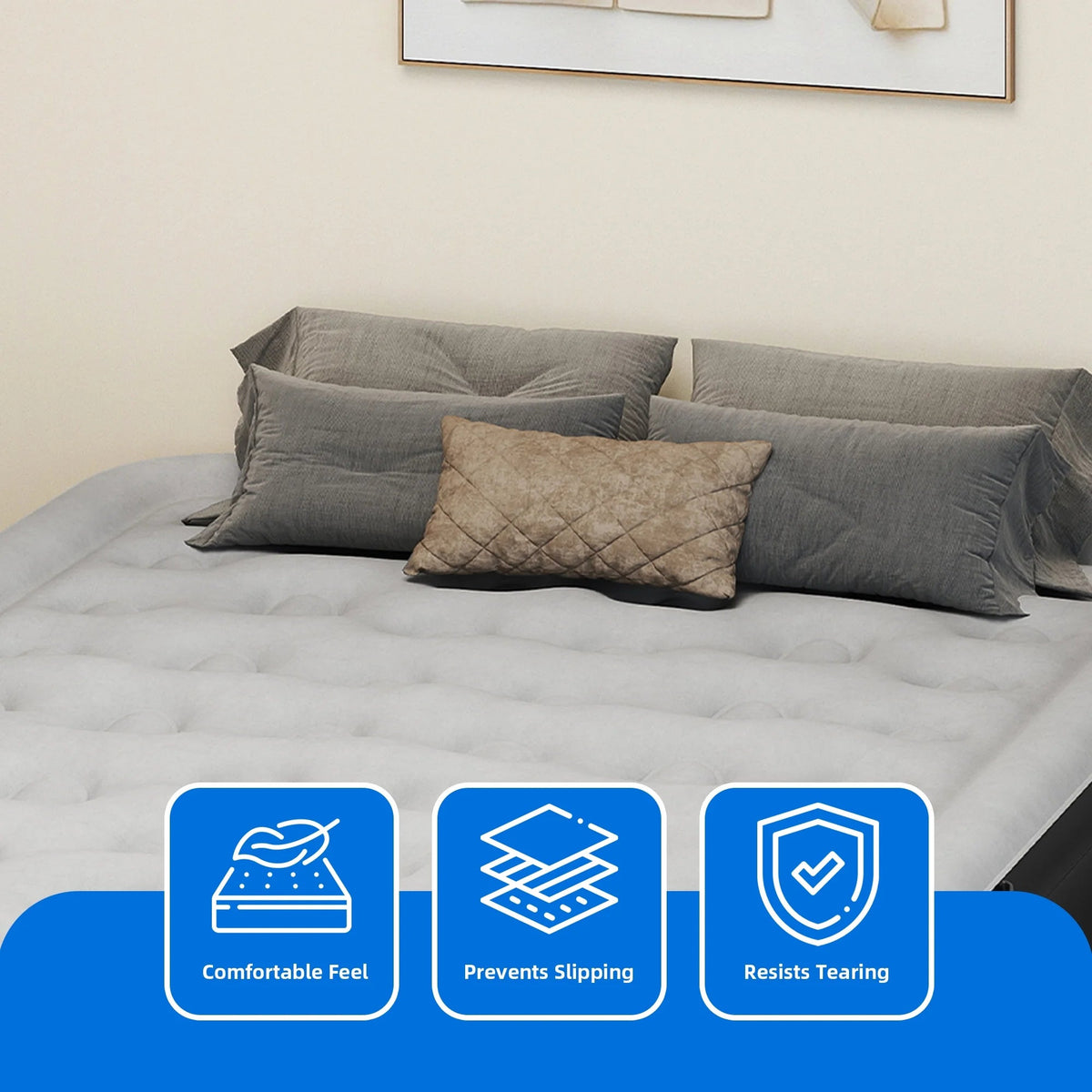 Dextrus Inflatable Queen Air Mattress With Built-In Pump, Steel Frame, Velvet Surface, Khaki