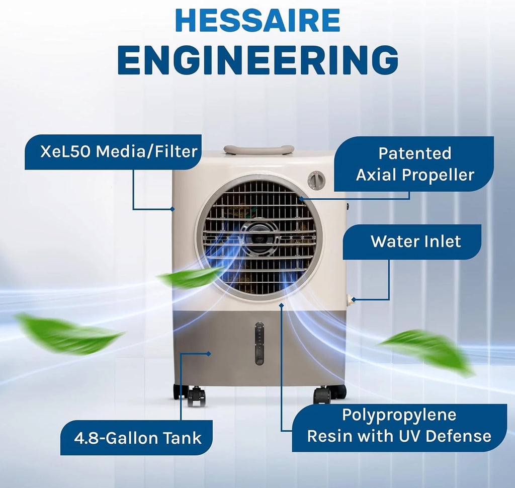 Hessaire Evaporative Air Cooler, 1300 CFM, 2-Speed Fan, 4.8-Gallon Tank, 53.4 dB, 500 Sq. Ft., White - MC18M