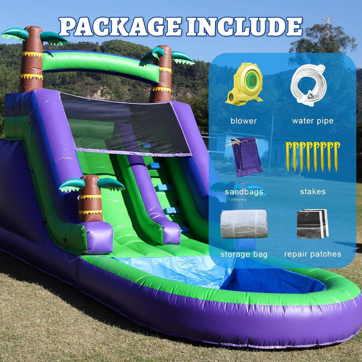 Commercial Grade Adult Water Slide With Pool, Full PVC, 21x9x12ft, 750w Blower