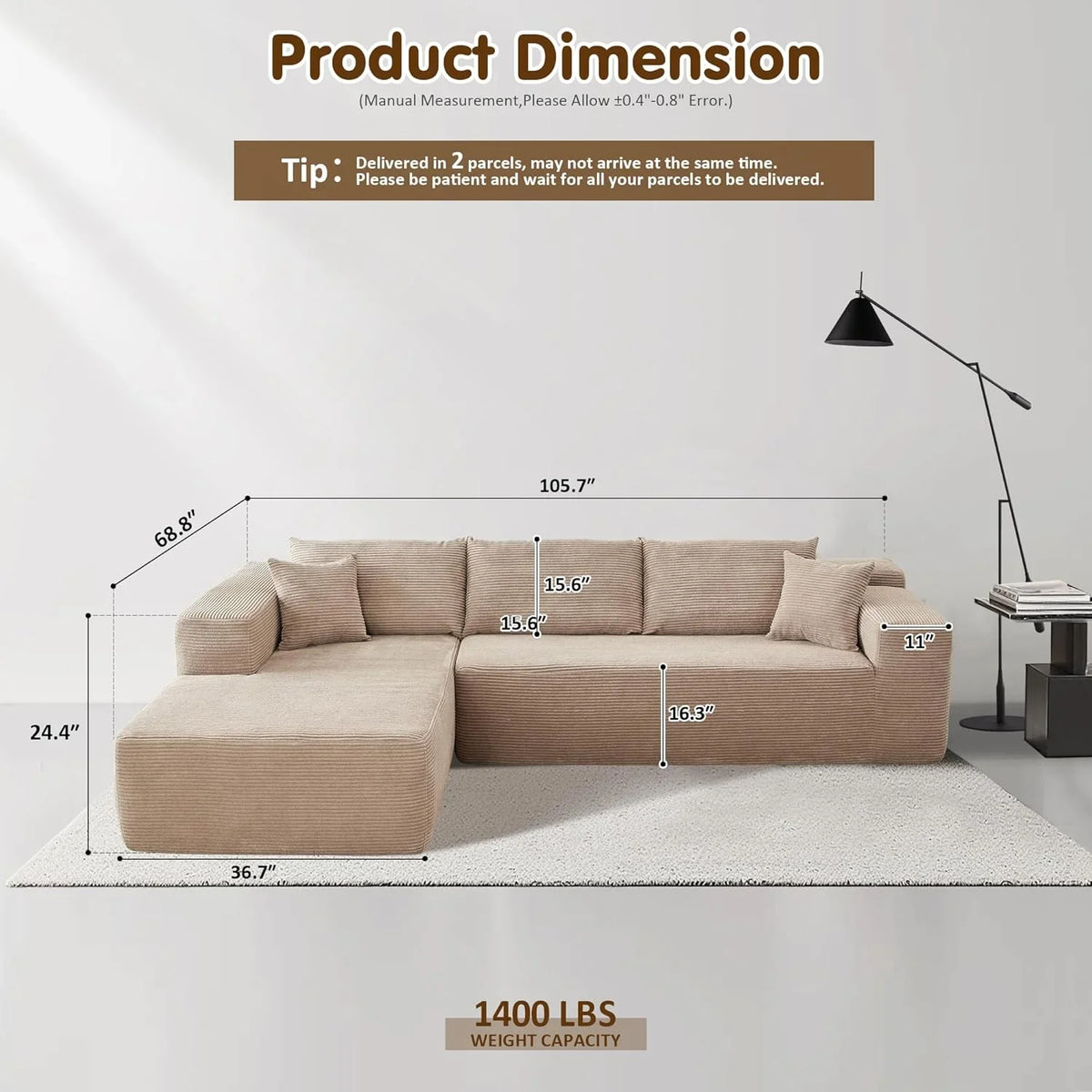 ovios 104in L-Shape Sectional Sofa With Chaise, Grey Plush Corduroy Fabric