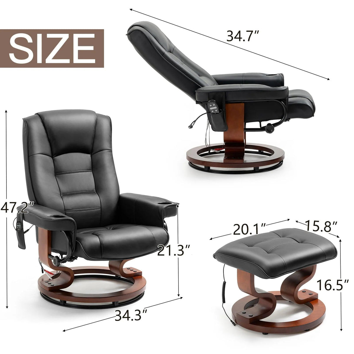 AVAWING Faux Leather Swivel Massage Recliner Chair With Ottoman - Black