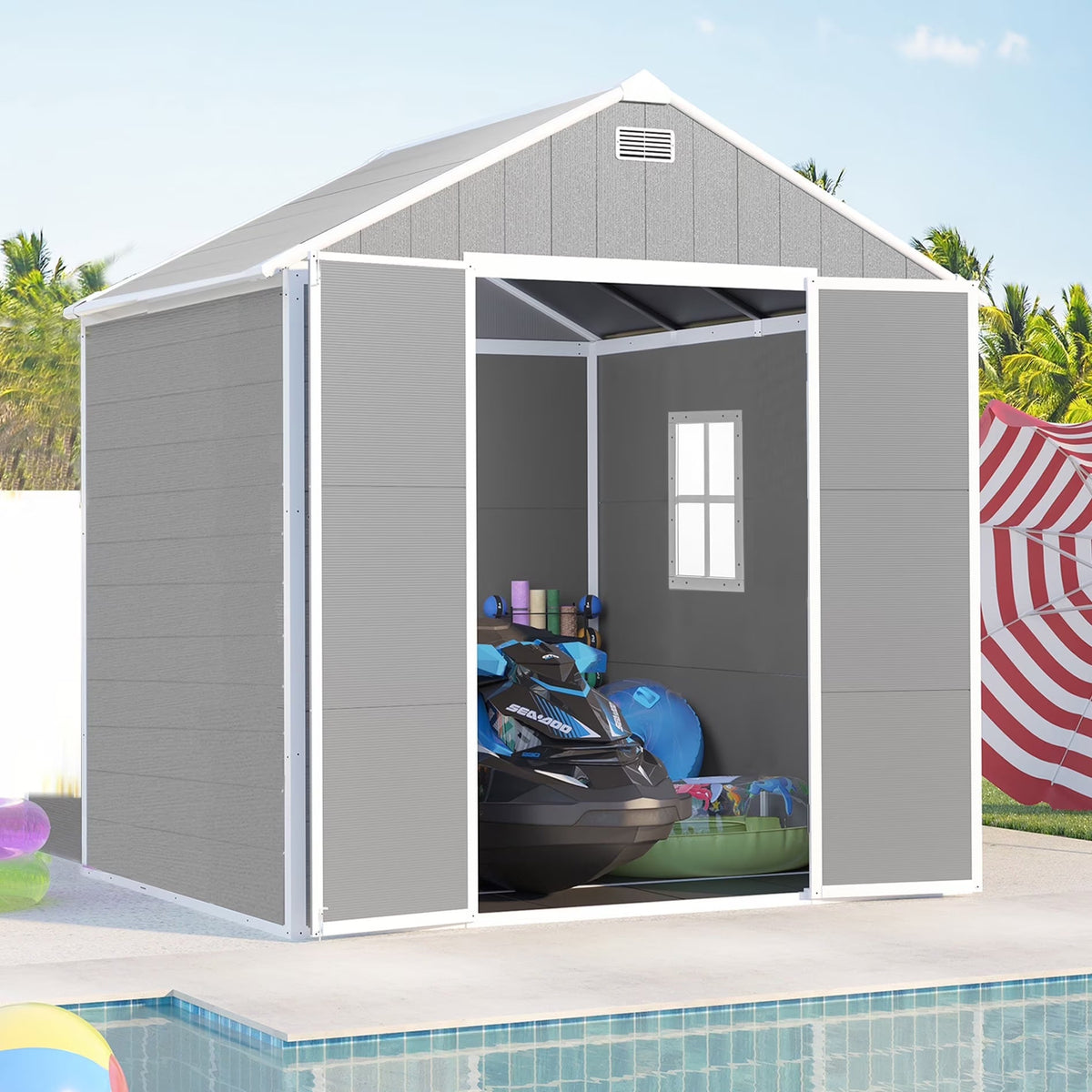 Seizeen Resin Outdoor Storage Shed With Floor, Light Gray, 82 in H