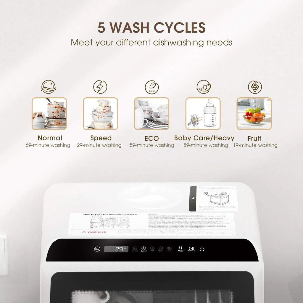 NOVETE Countertop Dishwasher, 5 L Water Tank, 5 Programs, White - TDQR01