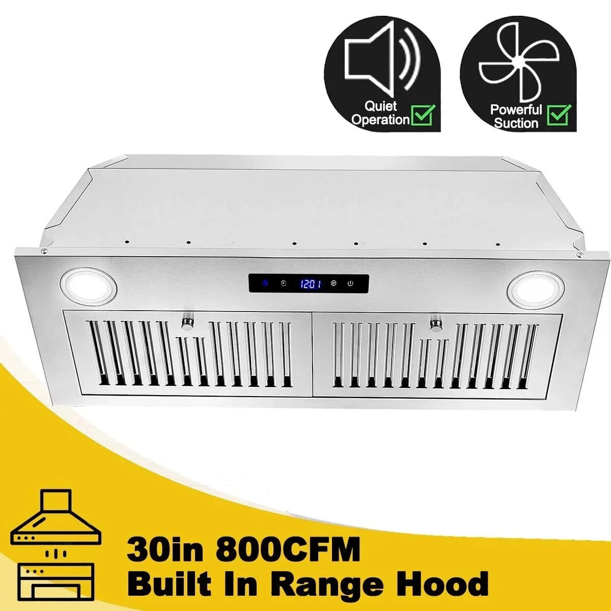 30 Inch Built-In Range Hood 800 CFM 3-Speed Touch Control