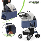 Magshion Foldable Pet Stroller, 4 Wheel, Navy Blue, 33 lbs Capacity