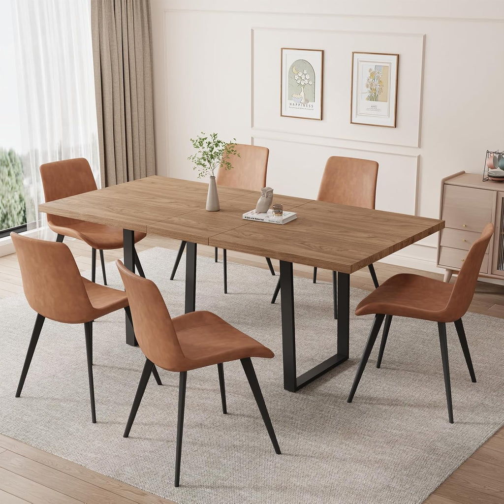 ZckyCine Expandable Walnut Dining Table With 6 Upholstered Chairs, 7-Piece Set - 67 inch