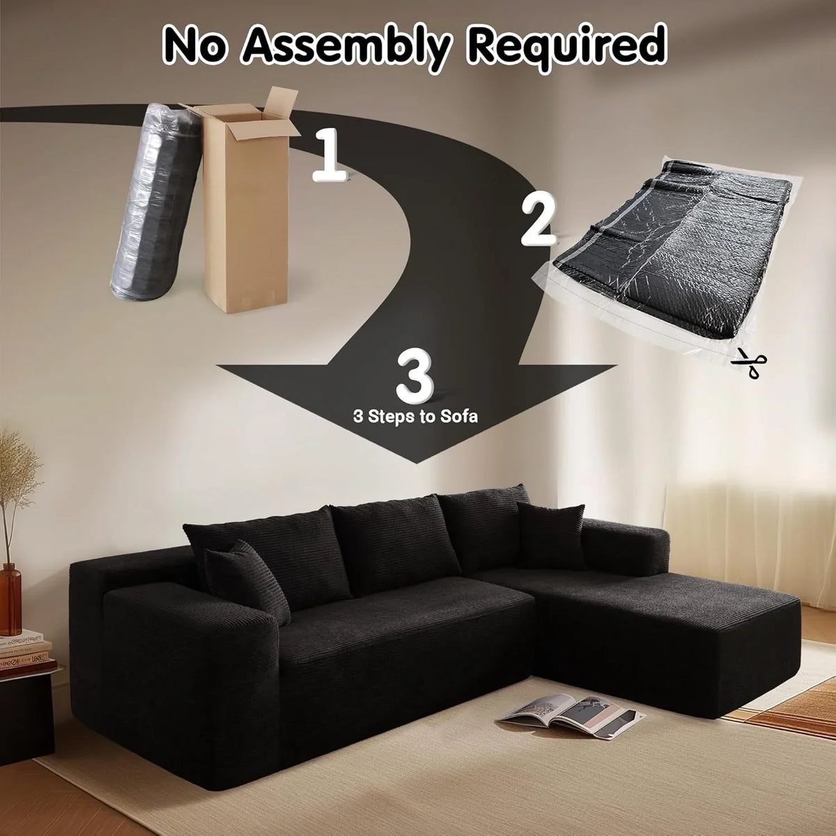 ovios 104in L-Shape Sectional Sofa With Chaise, Grey Plush Corduroy Fabric