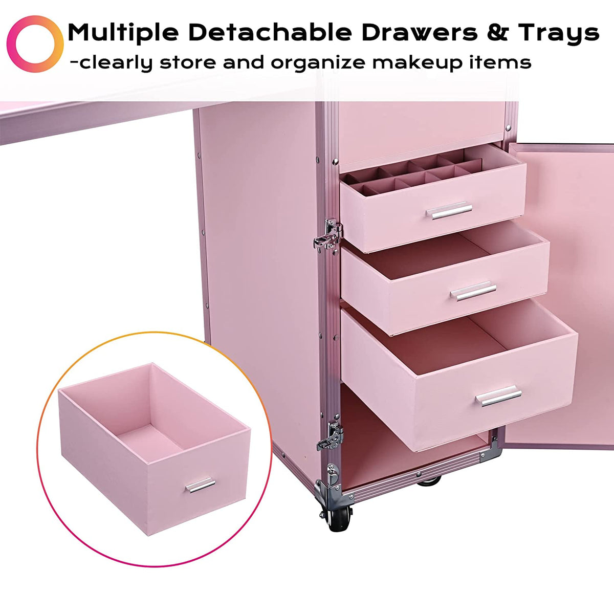 BYOOTIQUE Mobile Nail Station Rolling Makeup Train Case With Mirror, 4 Drawers - Pink