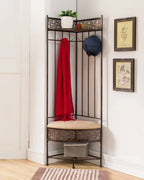 Crespin 6-Hook Corner Hall Tree With Bench And Shoe Storage, Brushed Copper Metal