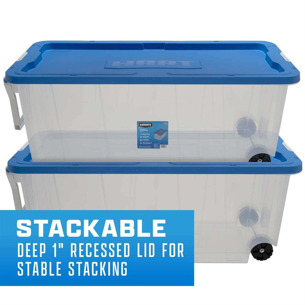HART 200 Quart Latching Rolling Plastic Storage Bin Container With Pull Handle - Clear