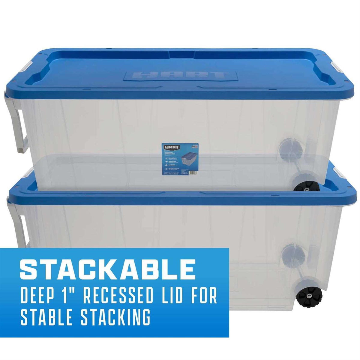 HART 200 Quart Latching Rolling Plastic Storage Bin Container With Pull Handle - Clear