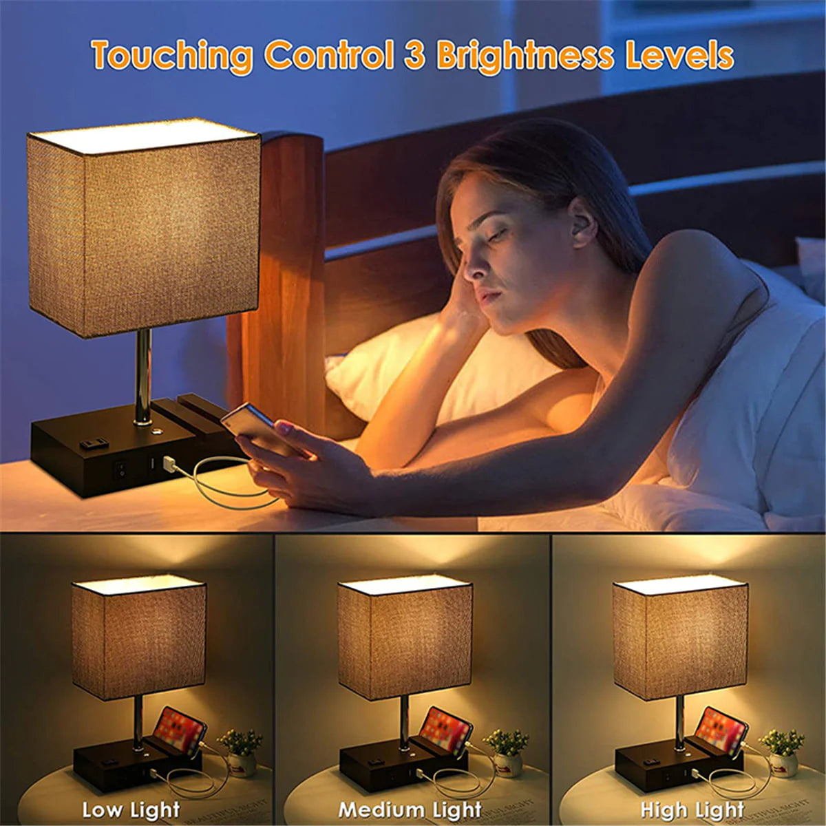 Touch Control Table Lamp With 2 USB Ports, 1 AC Outlet, 2 Phone Stands, Black Wooden Base And Grey Shade