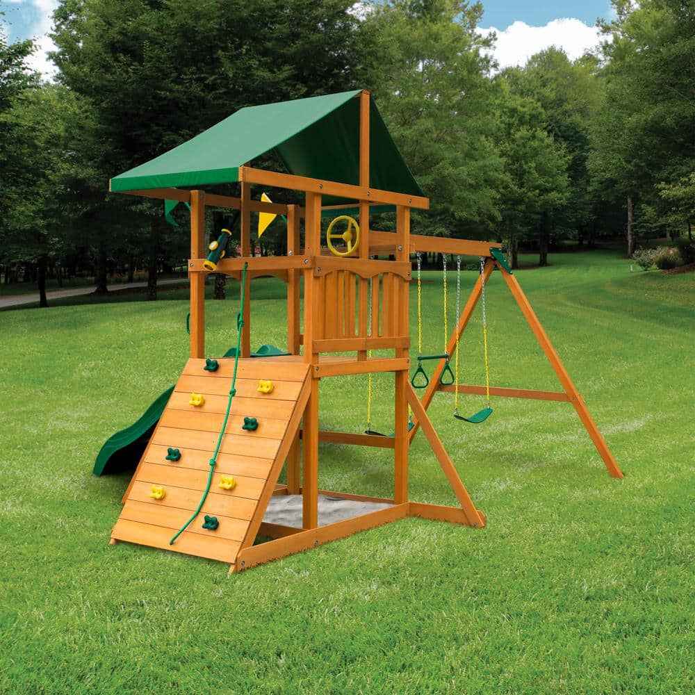 DIY Wooden Outdoor Playset With Tarp Roof, Rock Wall, Wave Slide, 3 Swings - Outing III