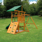 DIY Wooden Outdoor Playset With Tarp Roof, Rock Wall, Wave Slide, 3 Swings - Outing III