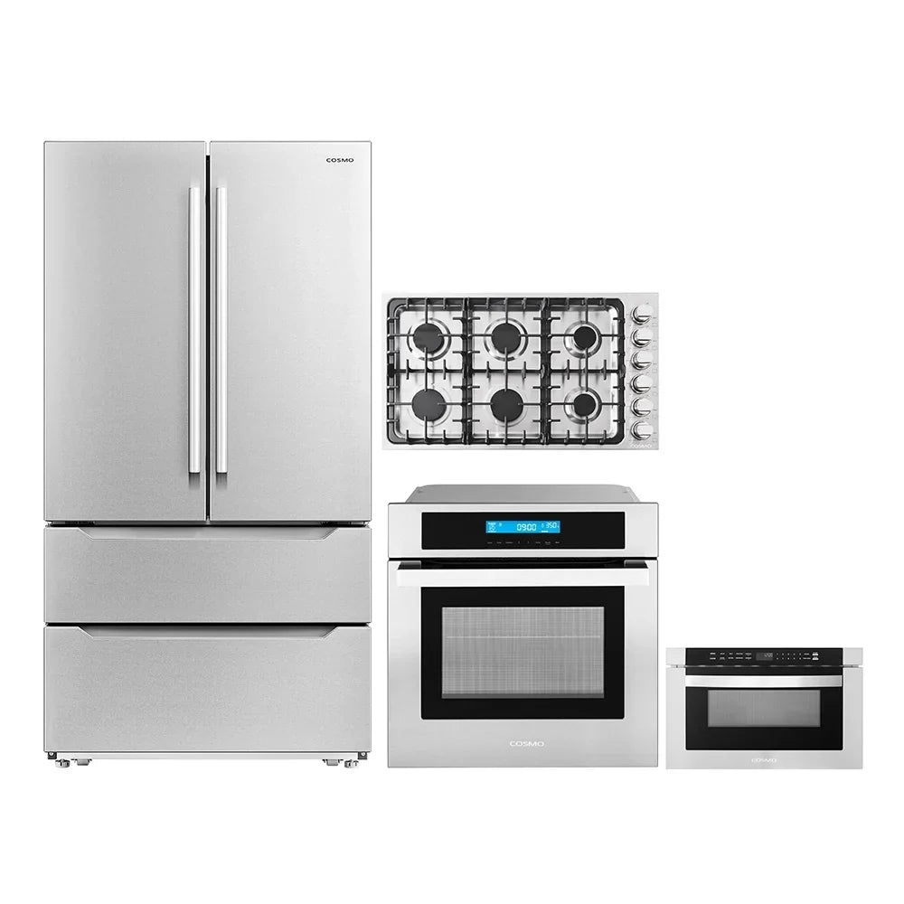 4-Piece Kitchen Appliance Package - 36 in Gas Cooktop, 24 in Electric Wall Oven, 24 in Microwave Drawer, Energy Star French Door Refrigerator