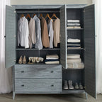 Solid Pine Wood Armoire, 3 Doors, 2 Drawers, 5 Shelves, 73.75 in H x 59.5 in W x 21.5 in D