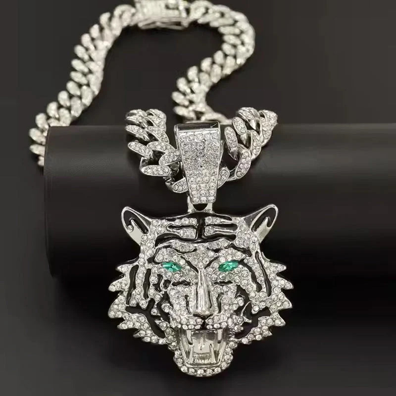 Tiger Head Pendant Necklace With Green Eyes, 13mm Cuban Link Chain, 20in - Gold Or Silvery