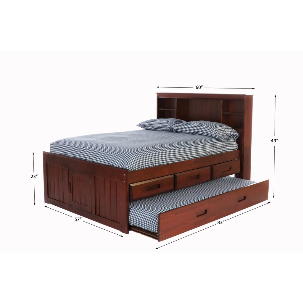 OS Home and Office Solid Pine Full Captains Bookcase Bed With 3 Drawers and Twin Trundle - Merlot