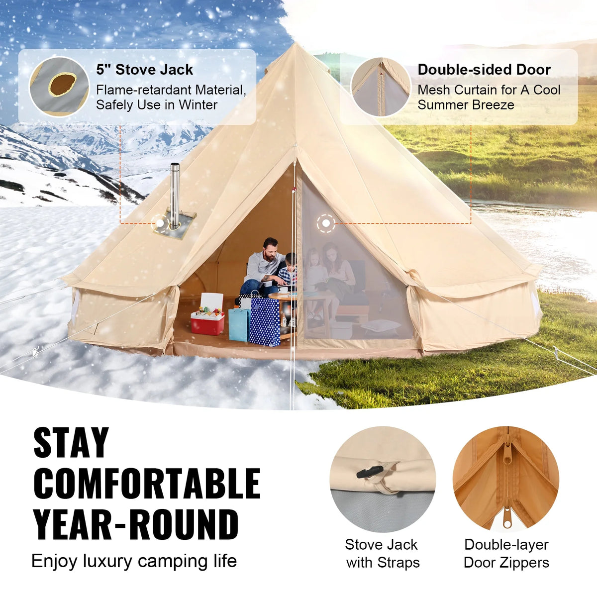 KFFKFF Canvas Bell Tent 6m/19.68ft 4-Season With Stove Jack - ZJTM1303