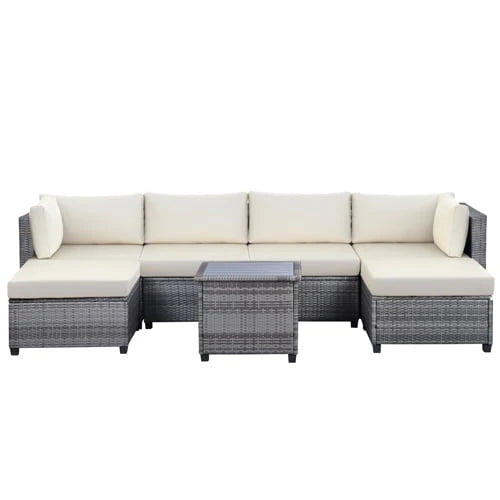 SESSLIFE 7-Piece Wicker Patio Sofa Set With Glass Coffee Table - Brown Rattan Beige Cushions