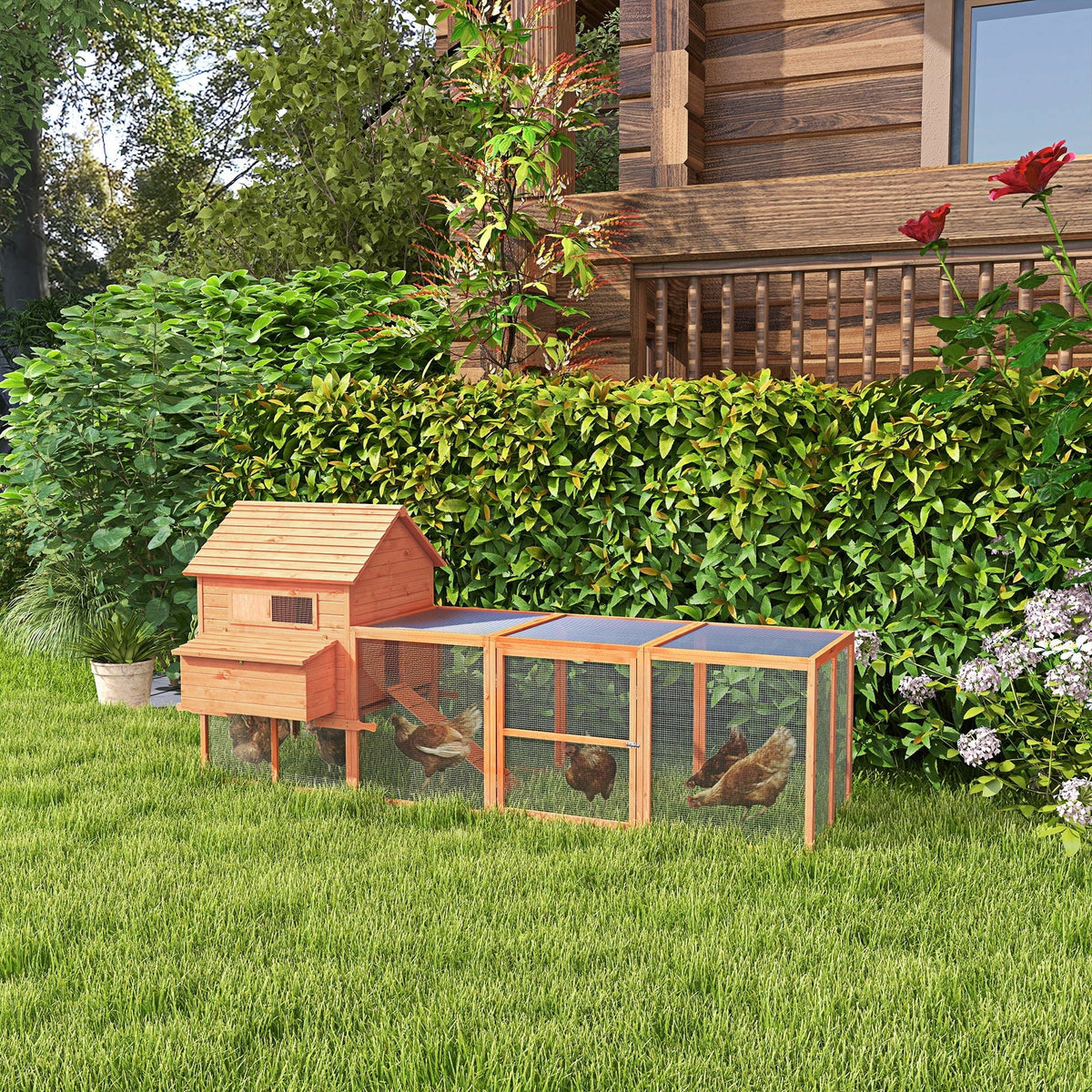 PawHut Wooden Chicken Coop With Run And Inner Hen House Space - 145 in