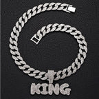 Full Diamond King Football Pendant Necklace With 20in Cuban Link Chain, 13mm Width